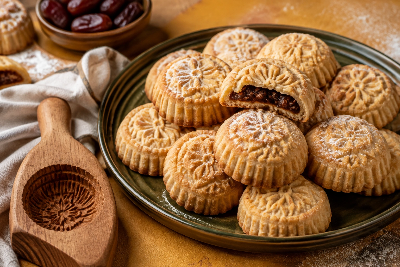 Fresh maamoul with date filling and a wooden mold